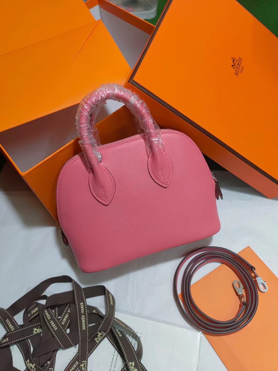 Hermes Bolide 1923 Mini Handbag Shoulder Bag In Rose Pink Evercolor Leather